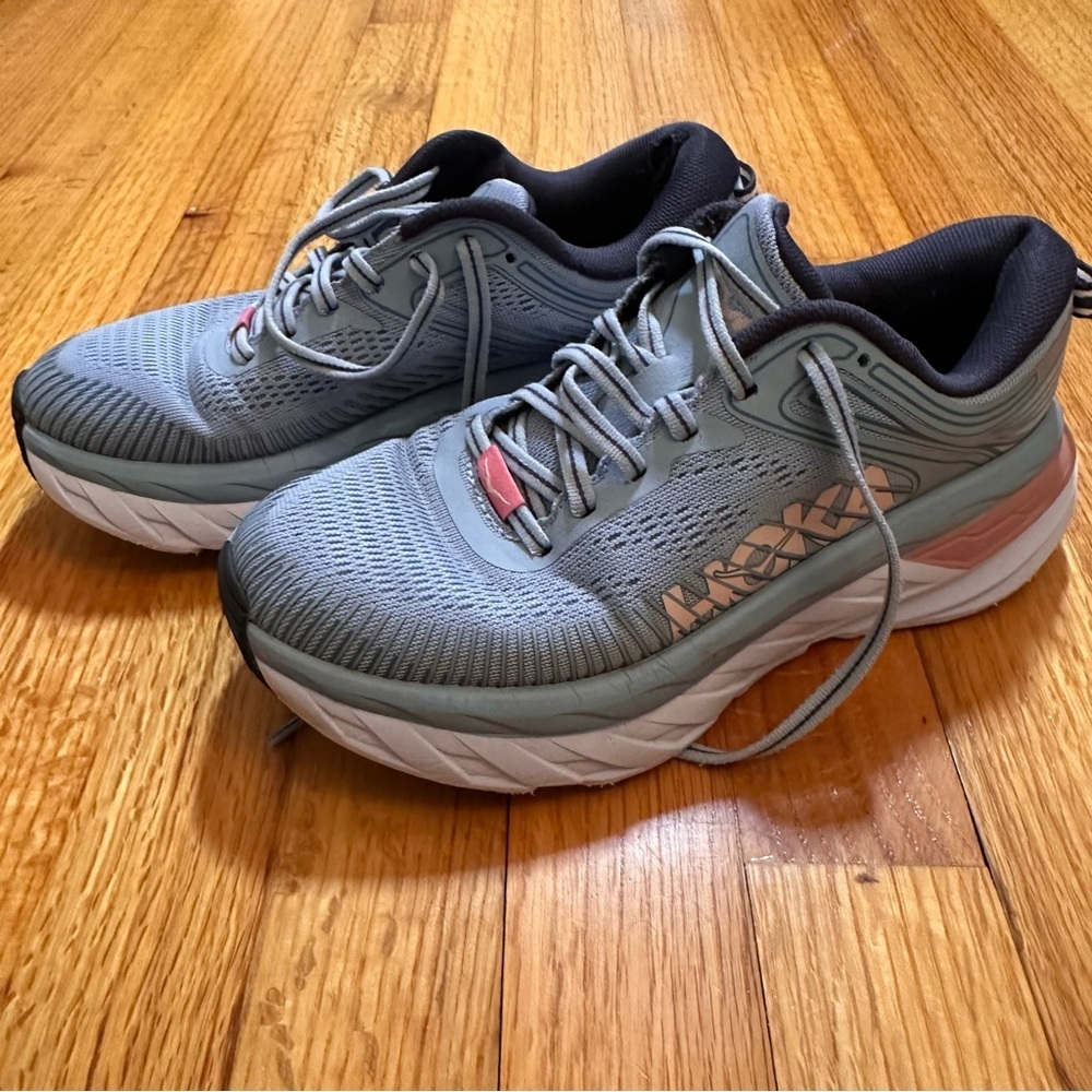 Hoka One One Women's Light Gray and Pink Athletic Running Shoes